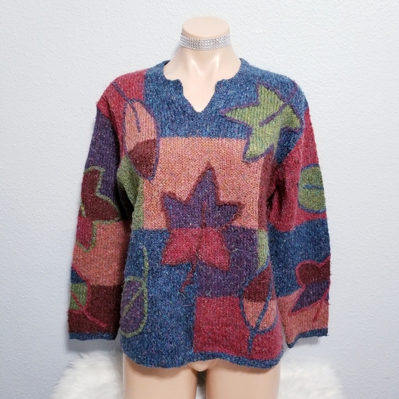 Vintage Sweaters - Vintage 80's retro hippie boho FALL leaf print novelty sweater SMALL